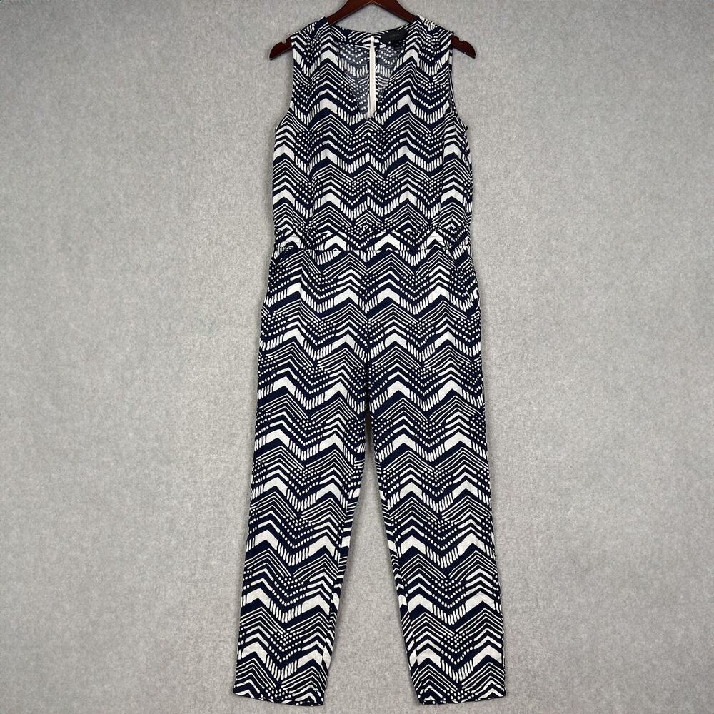 J. Crew Navy Blue White Cotton Linen Blend Sleeveless Jumpsuit Size 4